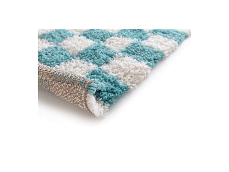 Tapis Poils Longs Damien Motifs Damier - Bleu Clair