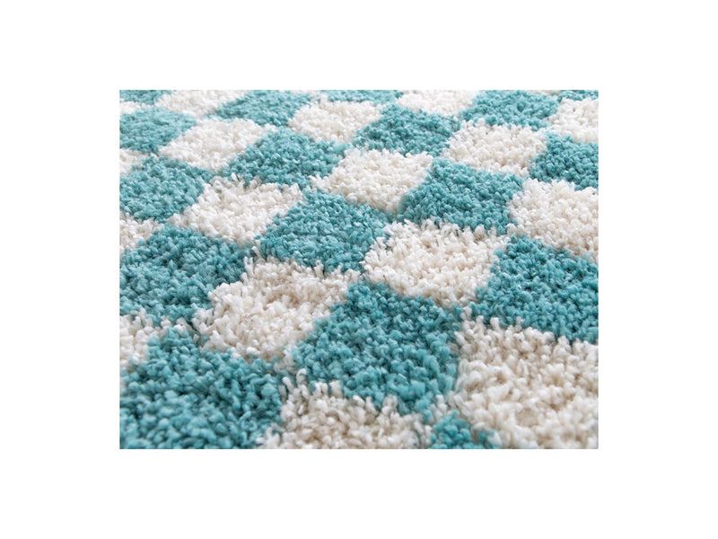 Tapis Poils Longs Damien Motifs Damier - Bleu Clair