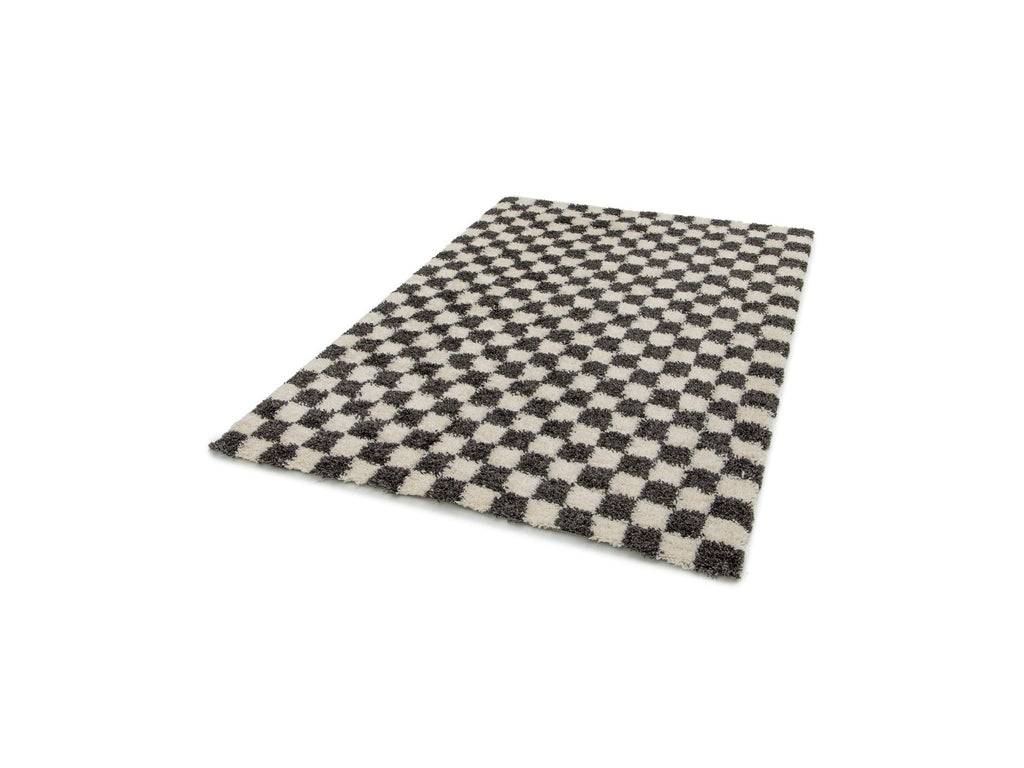Damien - Alfombra de pelo largo - Motivo de damero - Negro