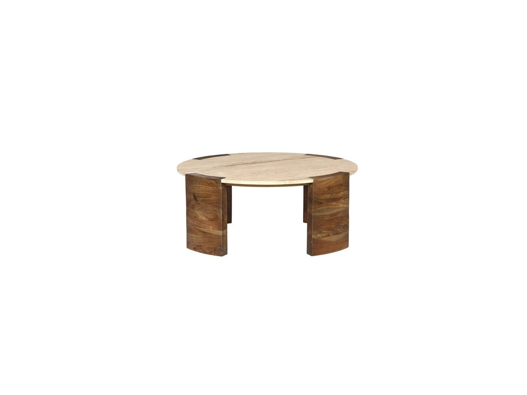 Mesa de centro redonda - Tablero de travertino y patas de madera maciza de acacia - Torvi