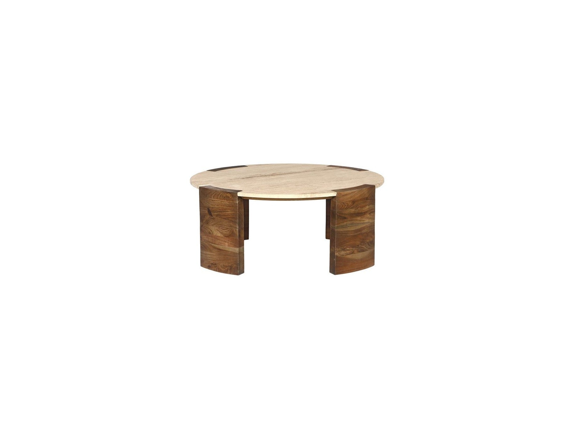 Mesa de centro redonda - Tablero de travertino y patas de madera maciza de acacia - Torvi