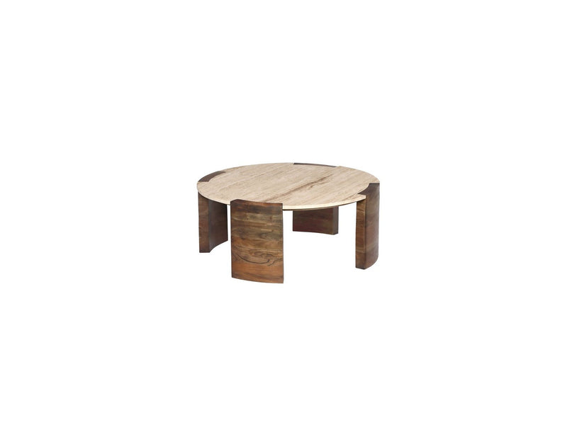 Table Basse Ronde - Plateau Travertin Et Pieds Bois Massif D'Acacia - Torvi