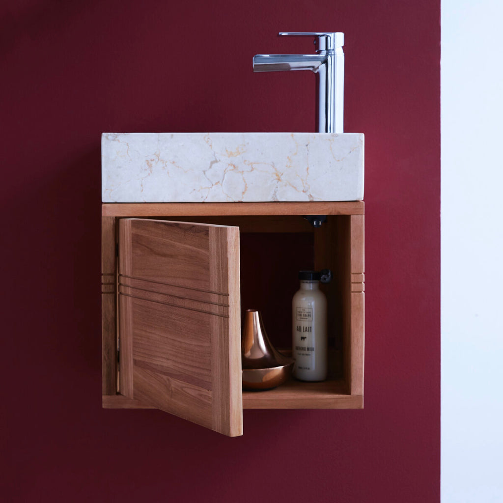 Basic - Meuble Lave Main - Teck Massif Et Marbre - Beige