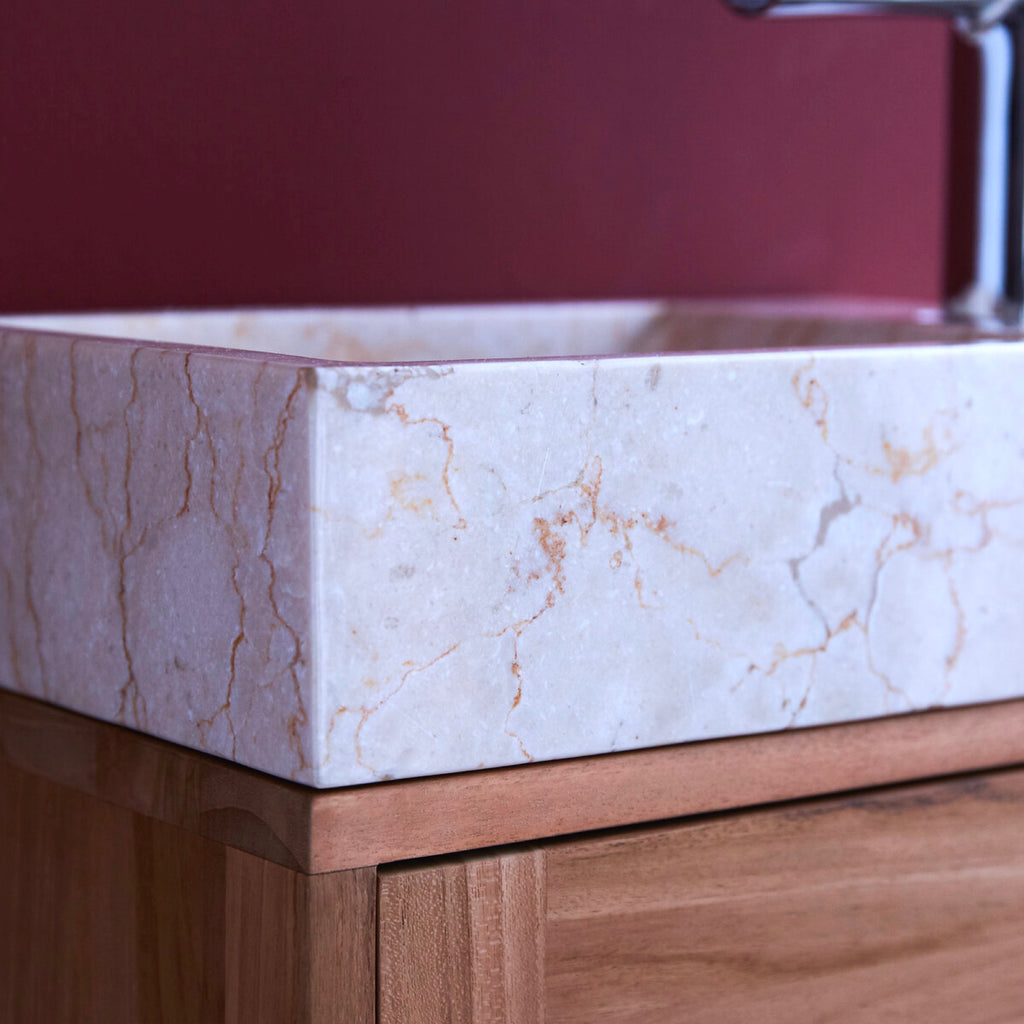 Basic - Meuble Lave Main - Teck Massif Et Marbre - Beige