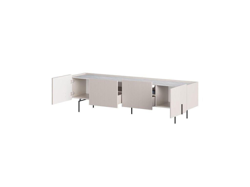 Mathilde - 4-Door TV Unit with Marble-Effect Top and Black Legs