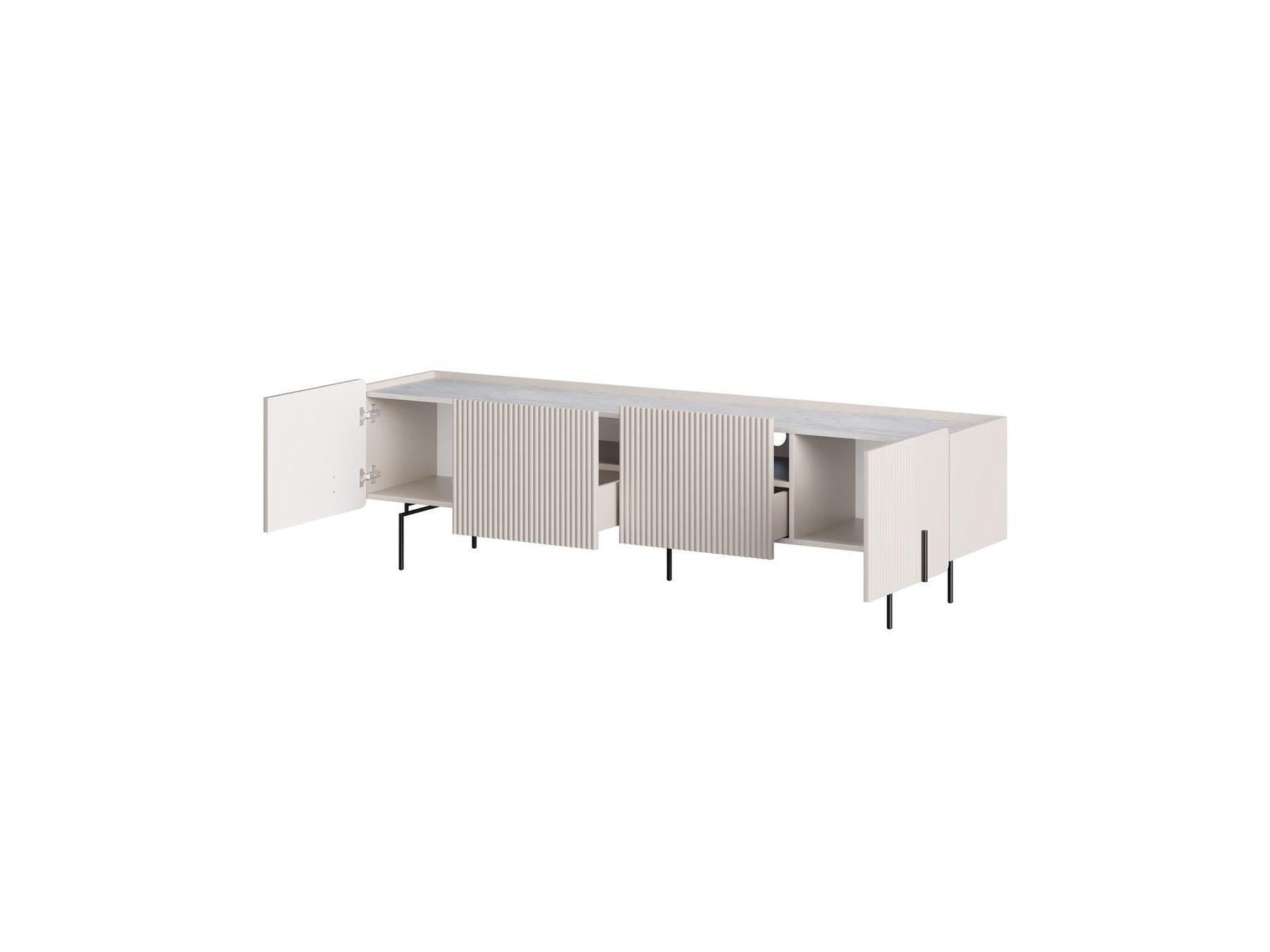 Mathilde - 4-Door TV Unit with Marble-Effect Top and Black Legs