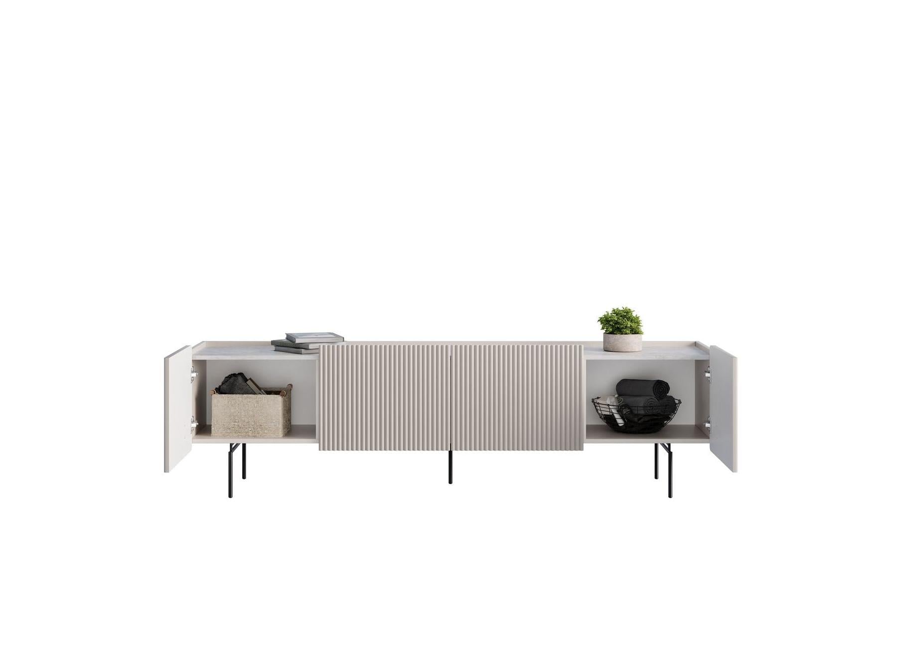 Mathilde - 4-Door TV Unit with Marble-Effect Top and Black Legs
