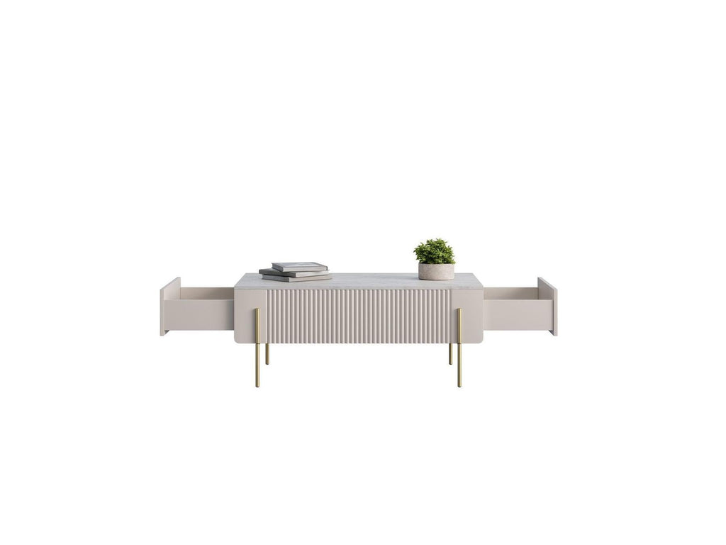 Mathilde - Coffee Table with 2 Drawers - Marble-Effect Top and Gold Legs