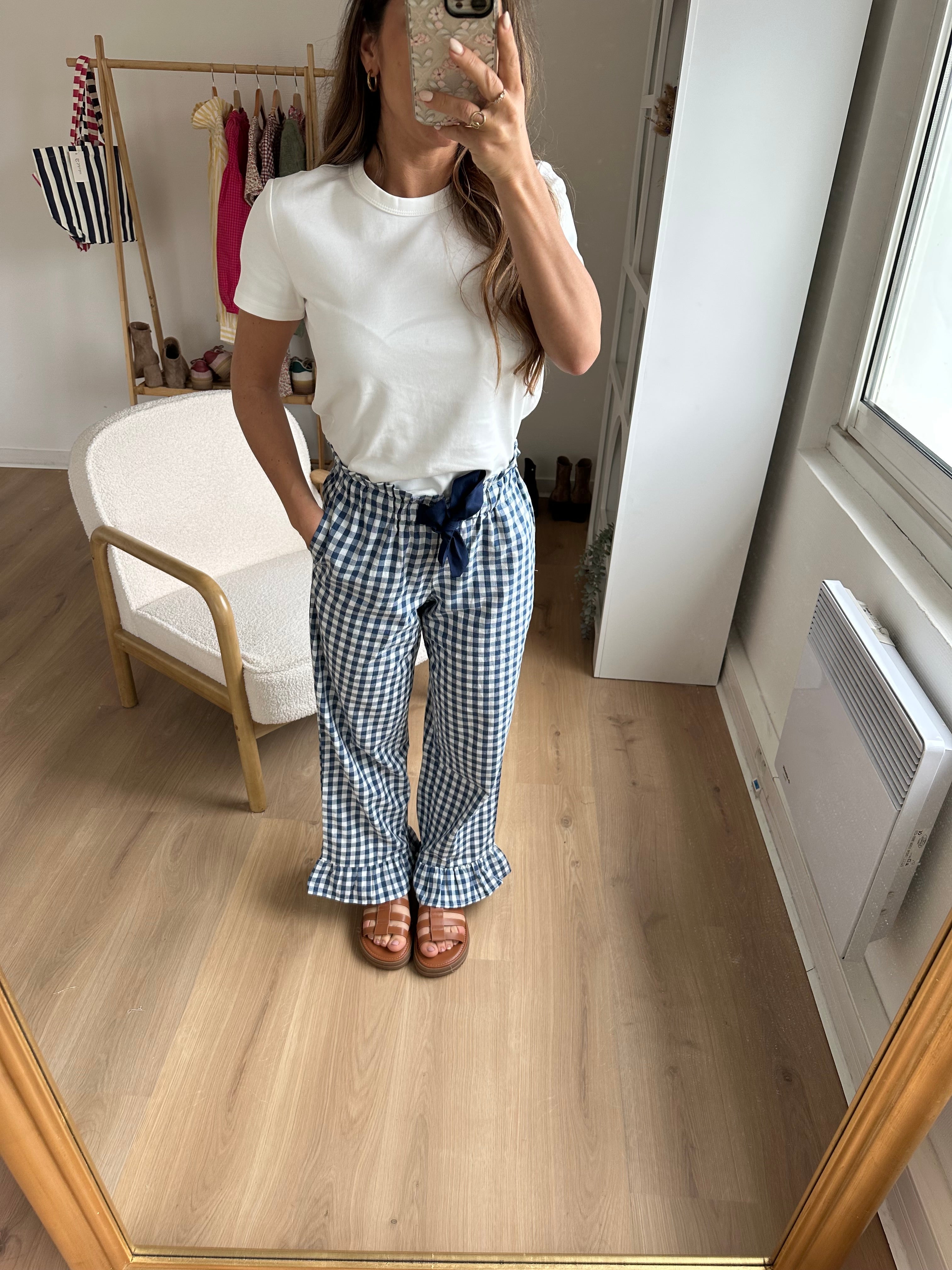 Pantalon Fluide Vichy À Volants Bleu Marine Julia