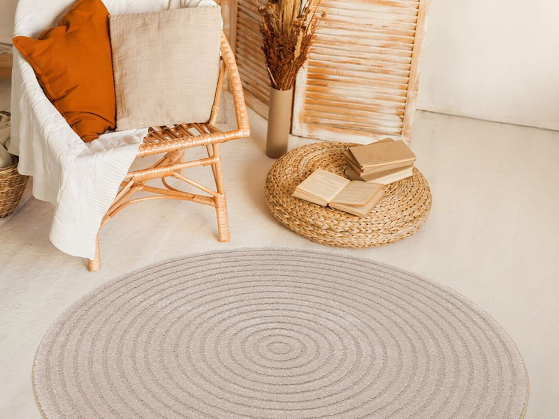 Alfombra Redonda de Pelo Corto - Ondelia - Estampado Geométrico - Beige