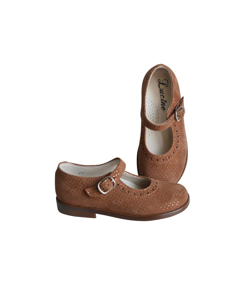 Louise Durable Girls' Shoes with Buckle - Camel Leather with Iridescent Polka Dots - Girls