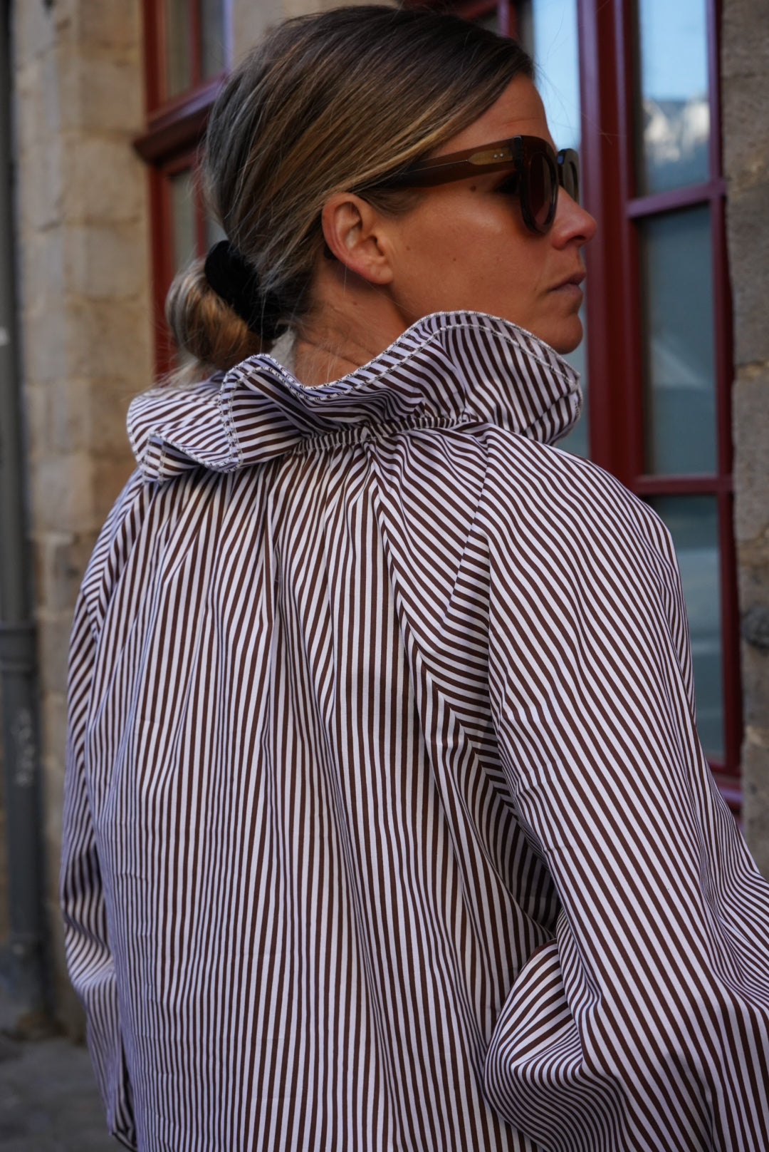 Madeleine Blouse Chocolate/White Stripe