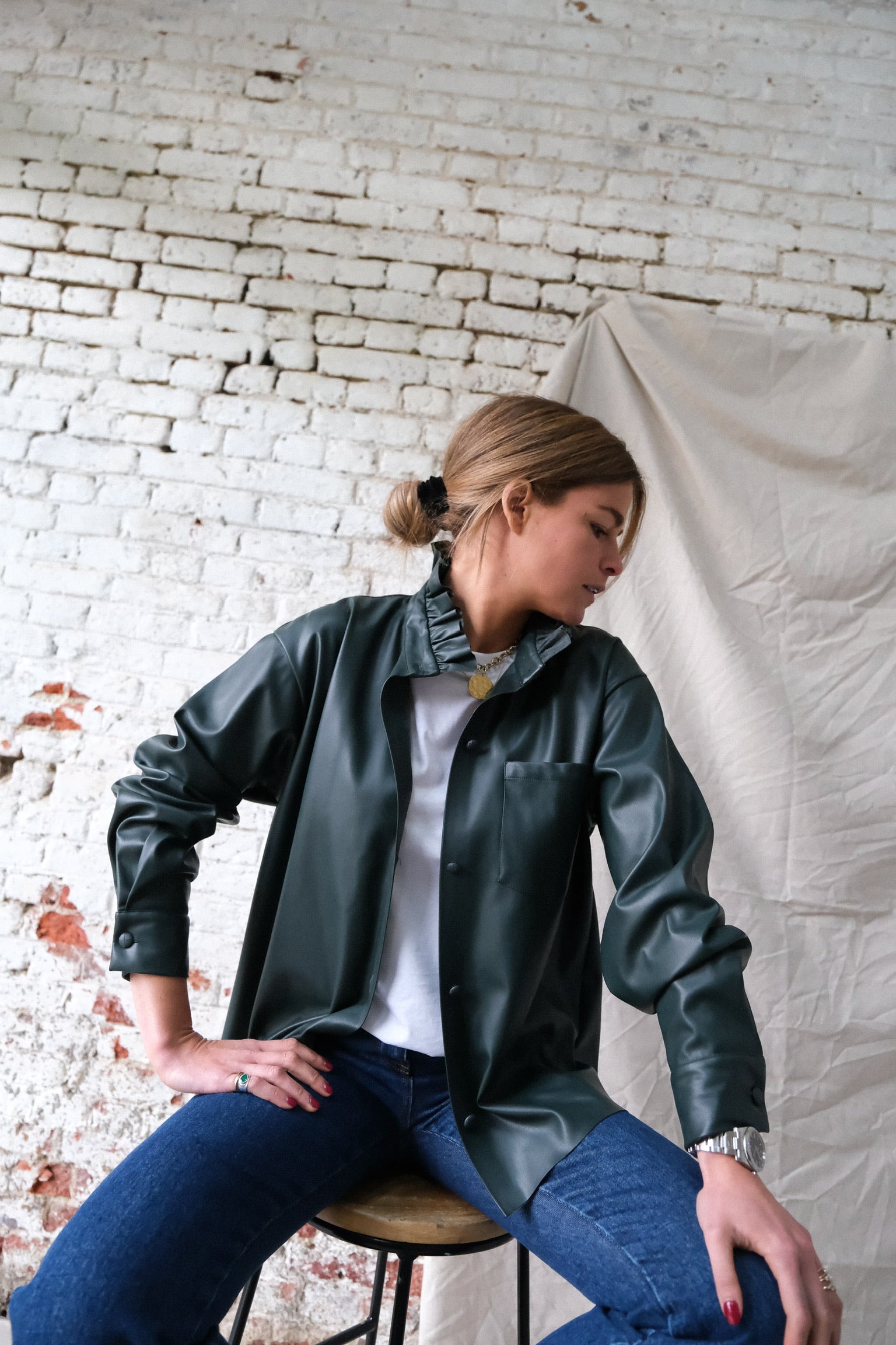 Lou Faux Leather Overshirt Dark Green