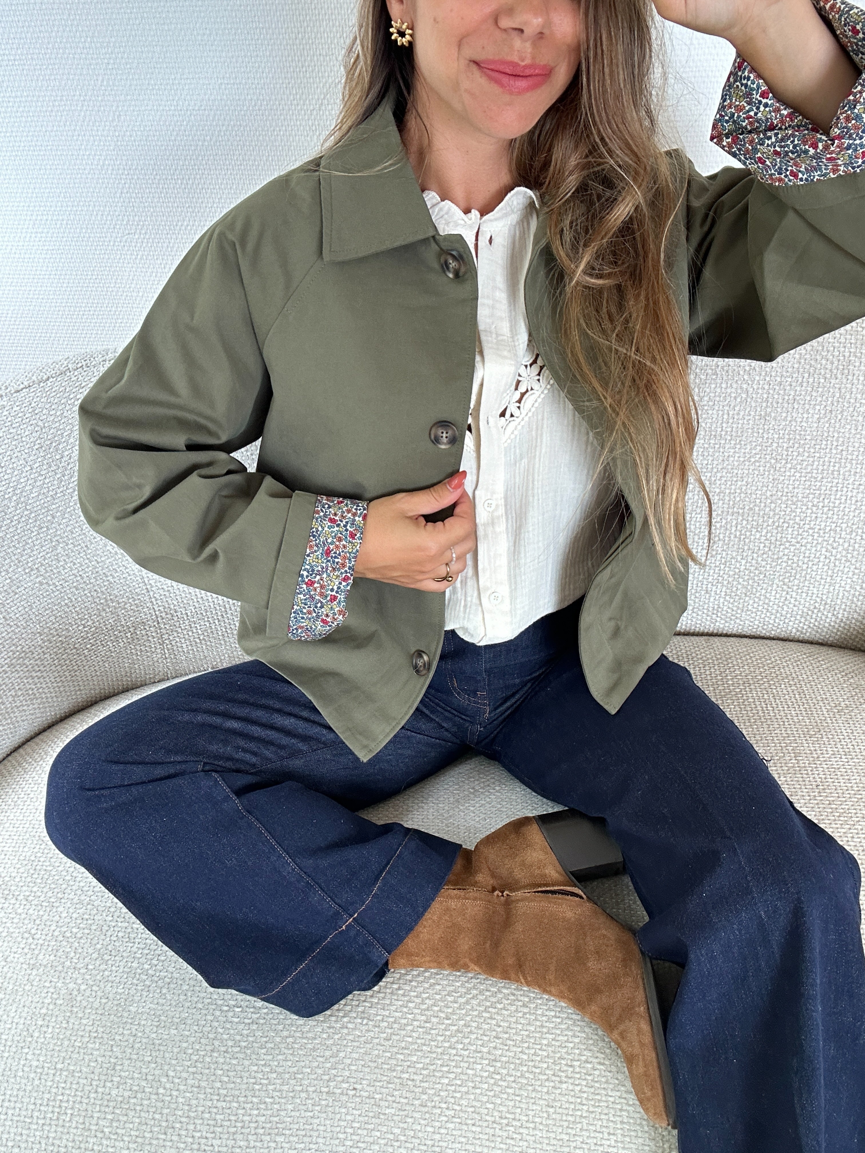 Edith Trench Jacket In Khaki Liberty Cotton