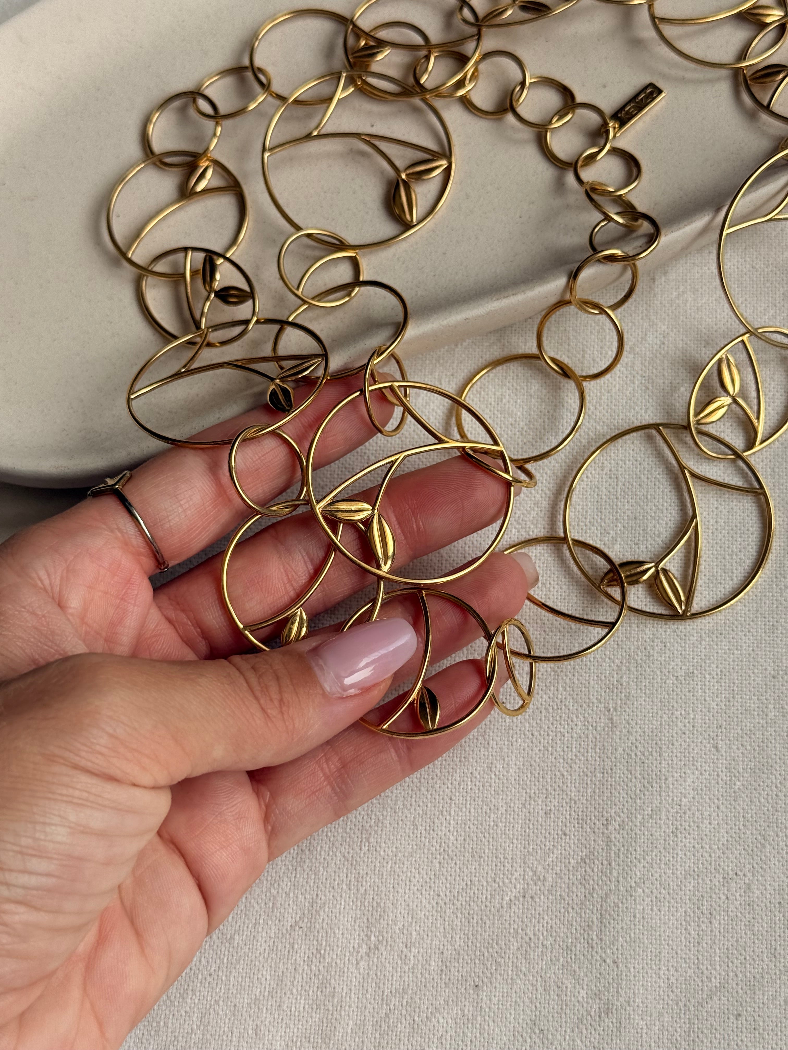 Collar Largo Kenzo Vintage - Eslabones Circulares y Hojas