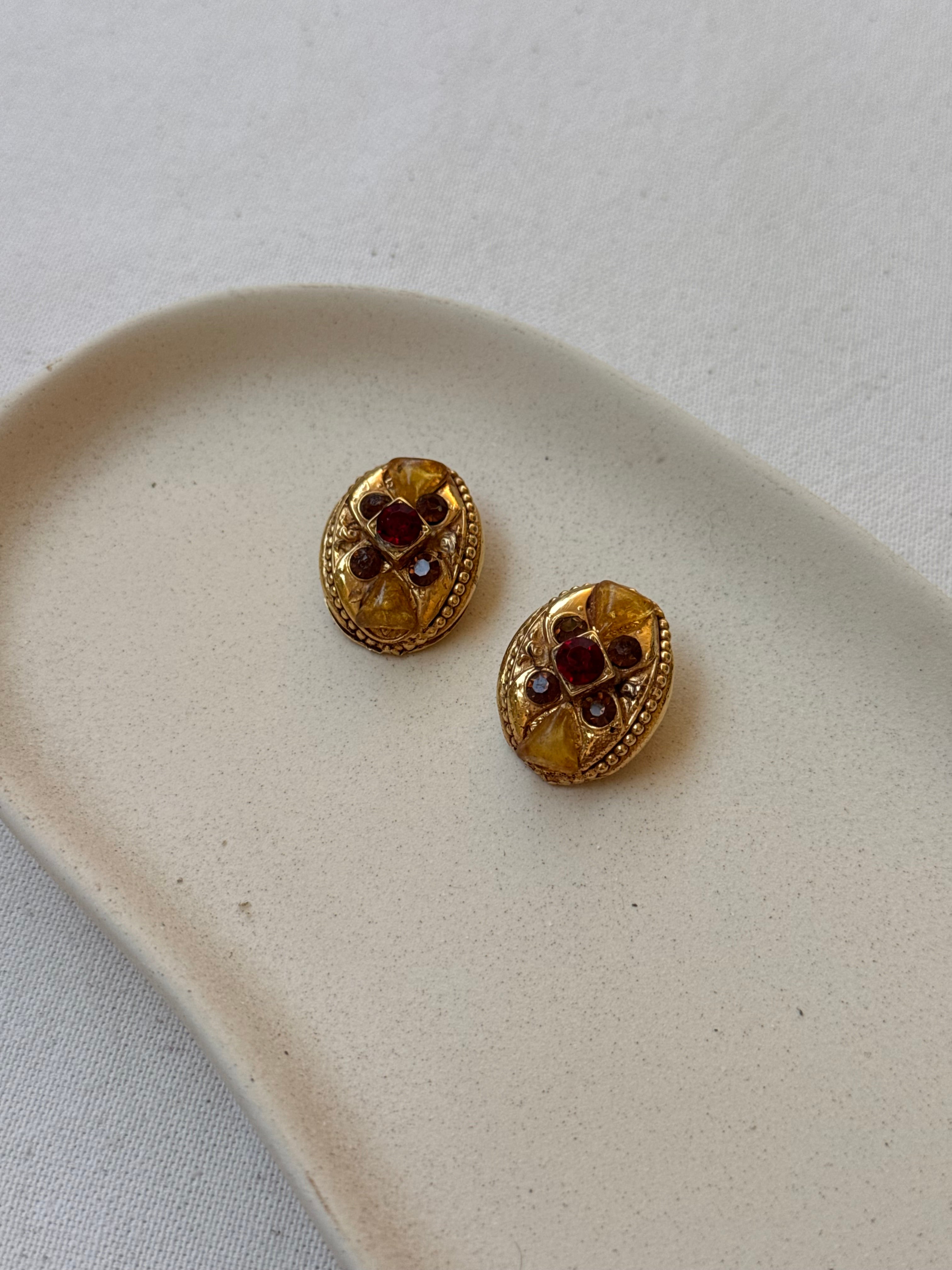 Boucles D’Oreilles Kalinger Vintage - Cabochons Ambrés Et Strass Rouge