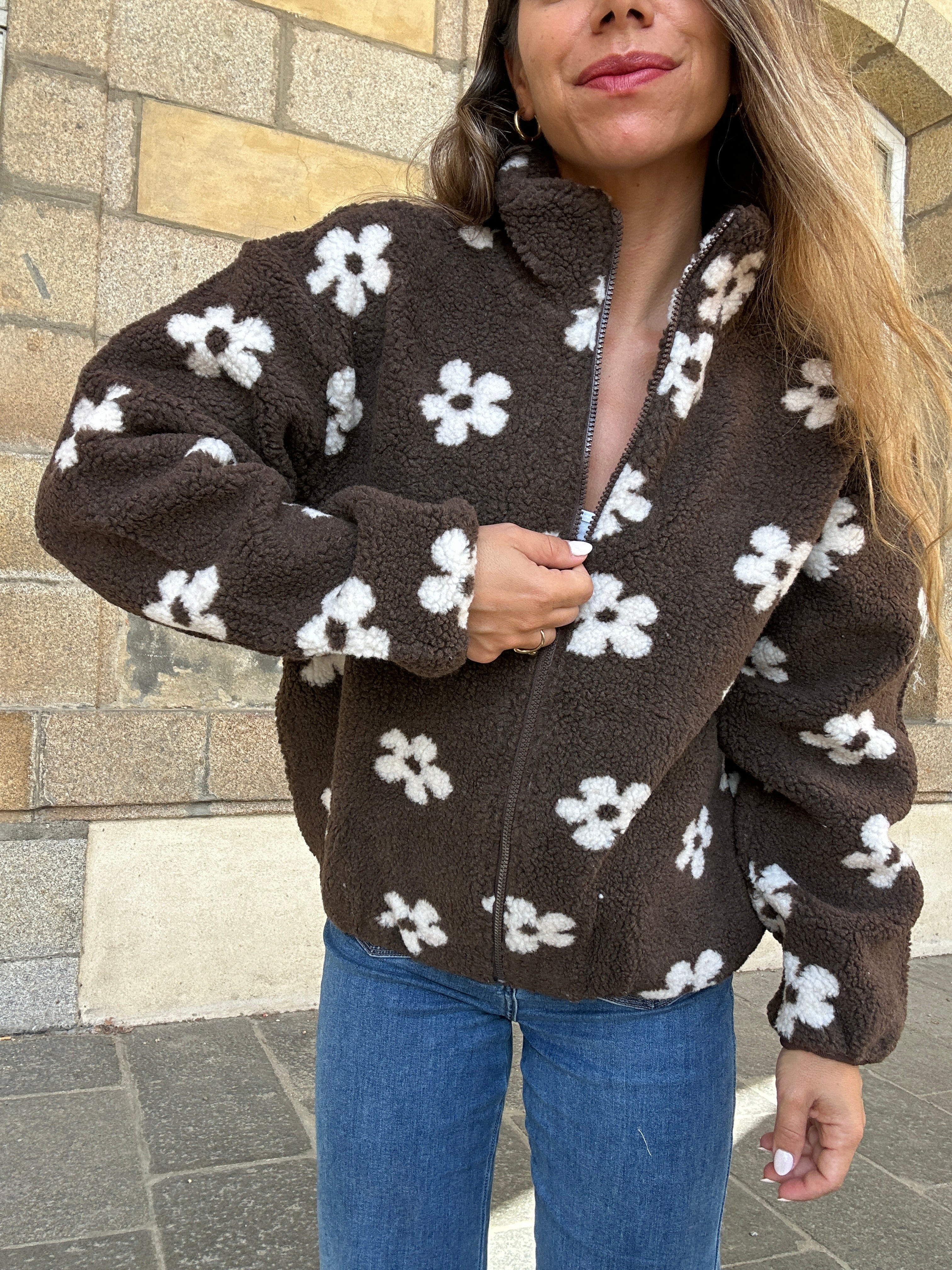 Veste moumoute fleurie chocolat Paula