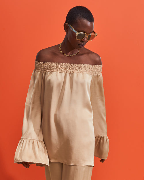 Camisa cuello barco - Beige - Mujer