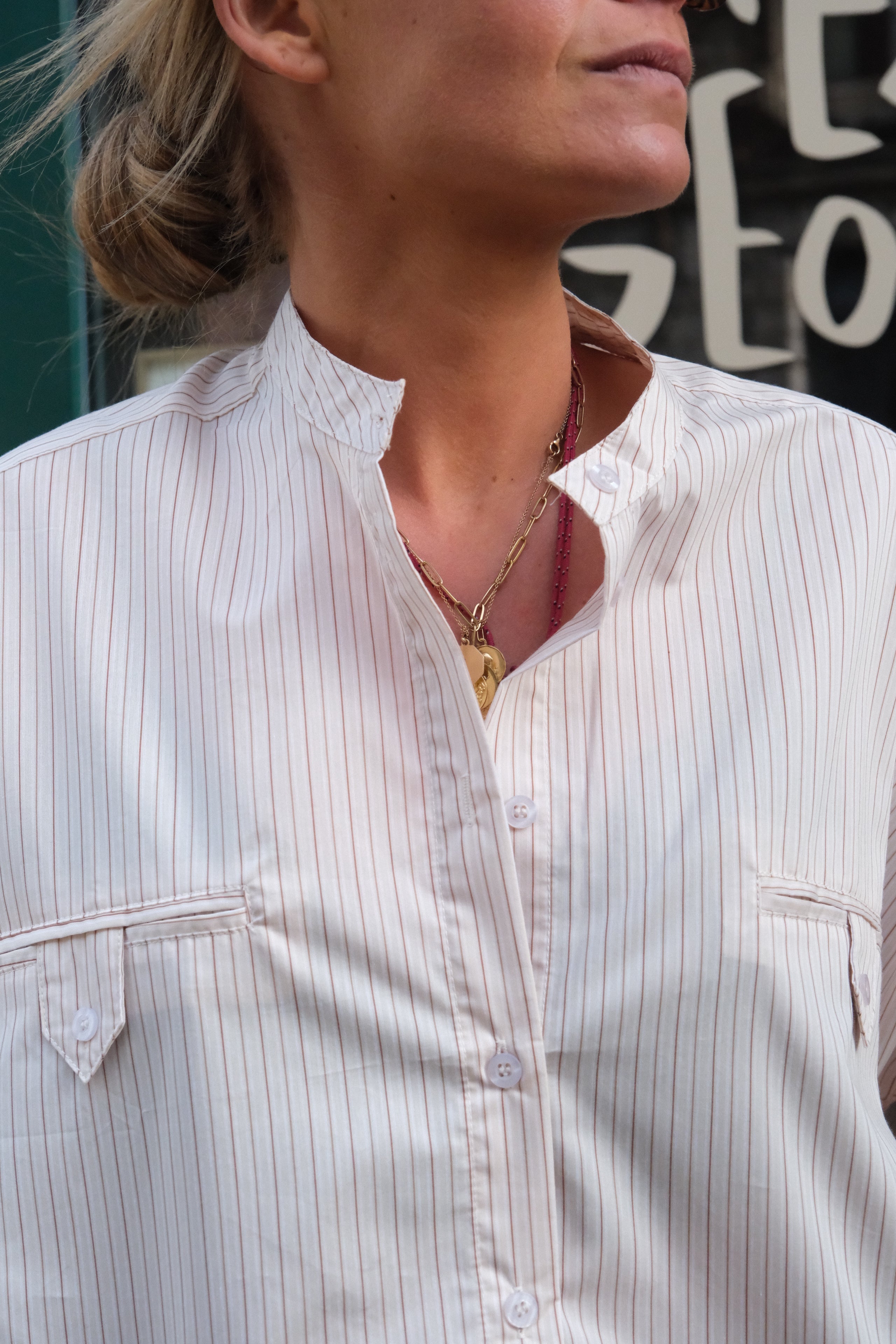 Astrid Blouse Mao Collar Beige Stripe
