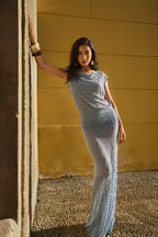 Robe Longue Drapée En Dentelle – Bleu