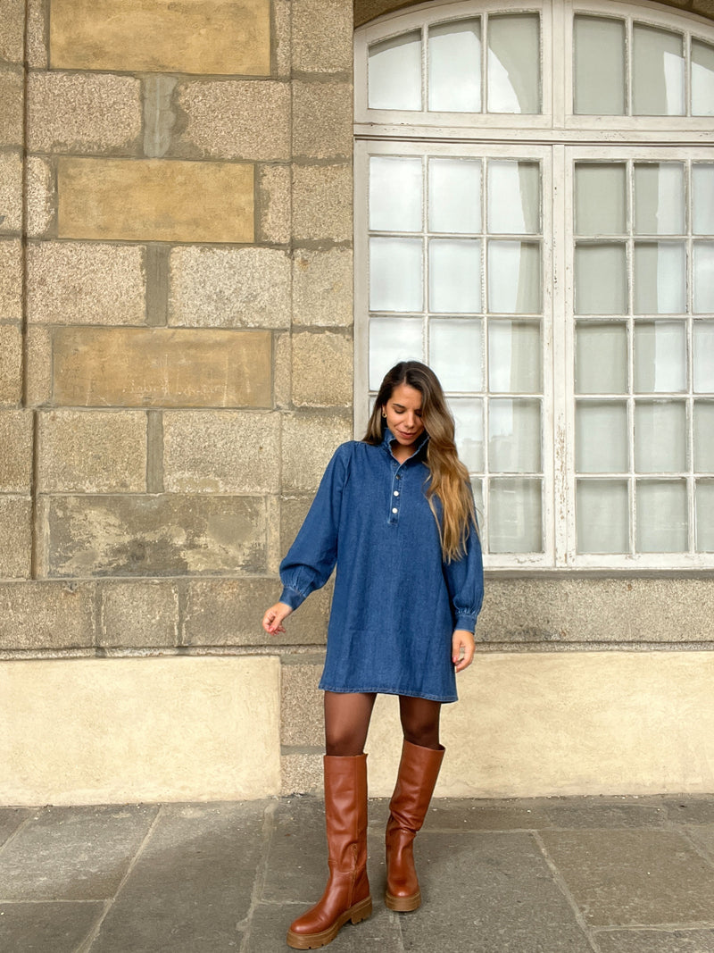 Robe En Jean Céleste À Manches Longues