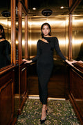 Vestido Midi con Abertura de Punto Brillante y Flores - Negro