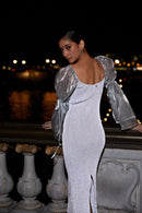 Robe En Maille Réfléchissante Avec Manche Amovible En Organza - Gris Opale