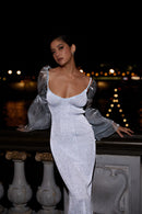 Robe En Maille Réfléchissante Avec Manche Amovible En Organza - Gris Opale