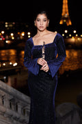 Lace-up velvet top with crystals - palace blue
