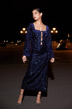 Lace-up velvet top with crystals - palace blue