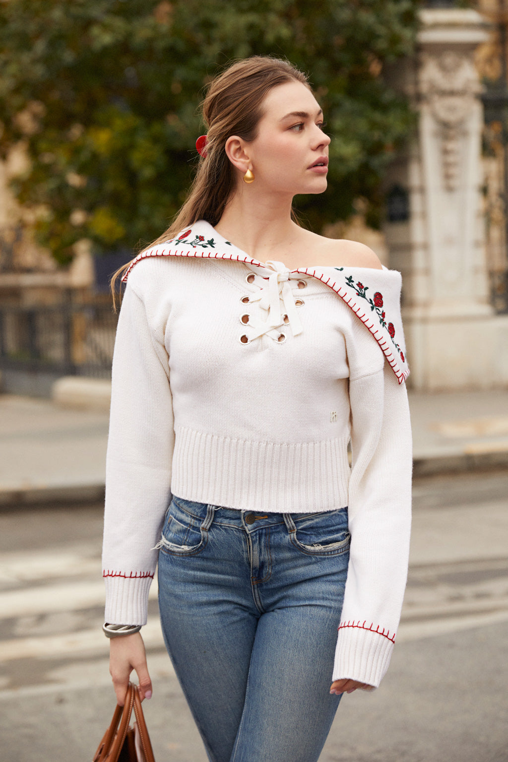 Pure Cashmere Embroidered Collar Jumper - Beige