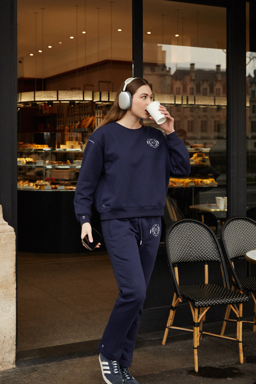 Pantalon Sweat En Jersey De Coton Mélangé À Broderies - Bleu Marine