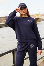 Pantalon Sweat En Jersey De Coton Mélangé À Broderies - Bleu Marine