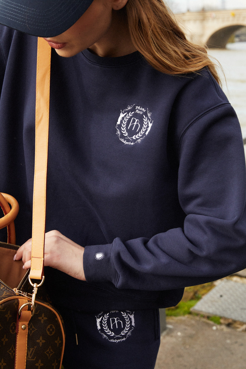Pantalon Sweat En Jersey De Coton Mélangé À Broderies - Bleu Marine