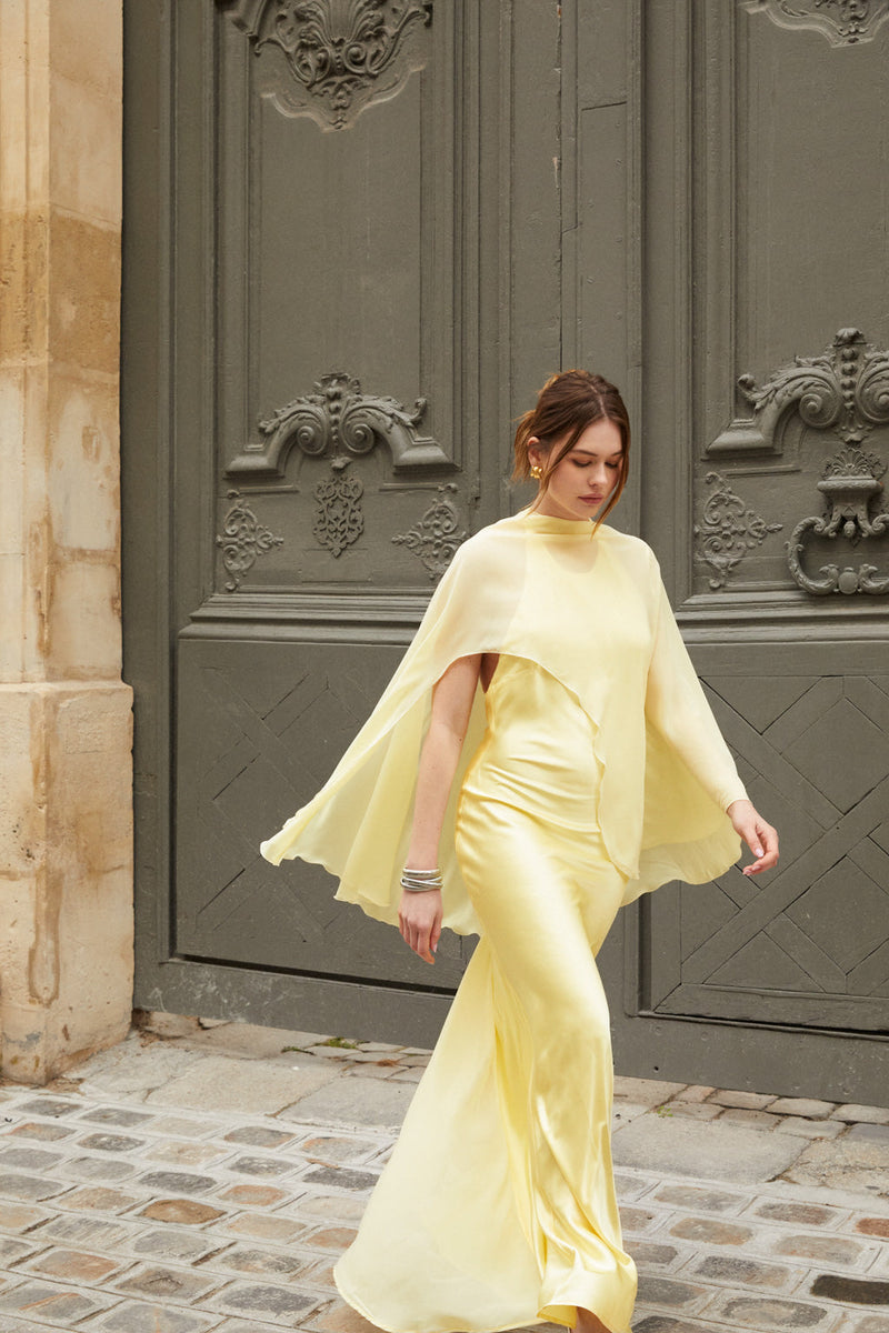 Yellow Satin Etole Wedding Dress 