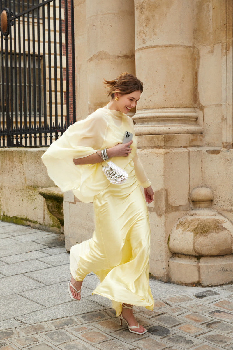 Yellow Satin Etole Wedding Dress 