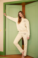 Pantalon Sweat En Jersey De Coton Mélangé À Broderies - Beige