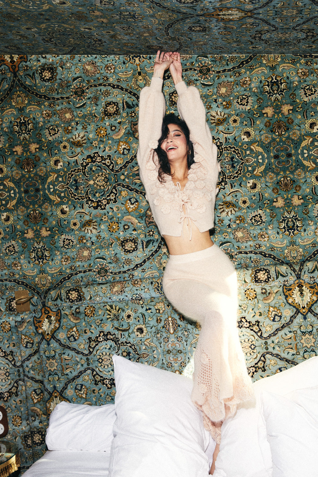 Crochet Floral Mohair Blend Maxi Skirt - Rose Beige