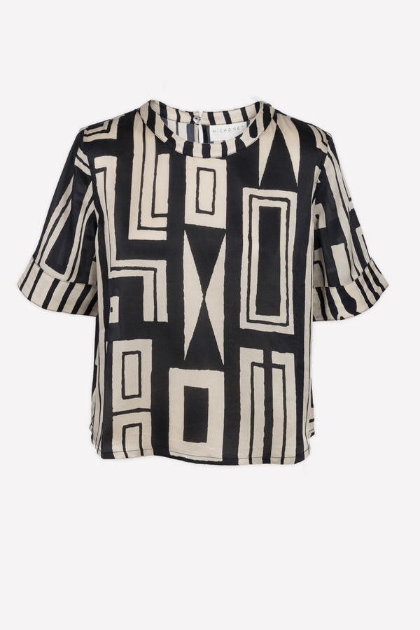 Michonet – Topp Tribal S B/N, kortärmad topp i svart och beige med geometriska mönster