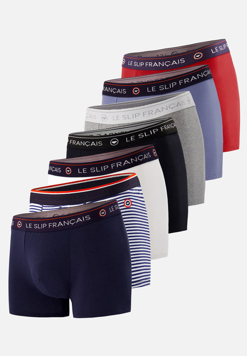 Lot De 7 Boxers En Coton - Boxers Marinière Bleu Marine Blanc Noir Gris Bleu Rouge