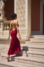 Backless Chain-Strap Knit Dress – Red