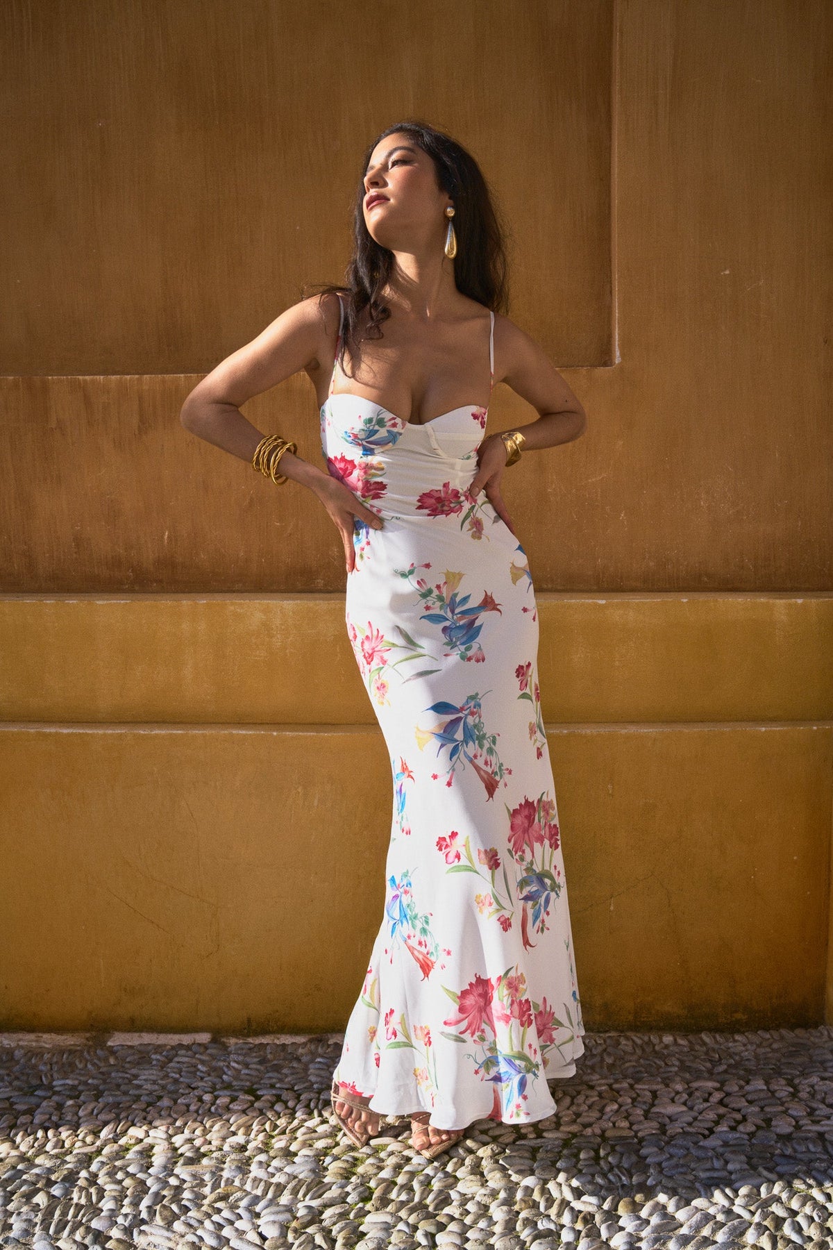 Robe Longue Bustier À Imprimé – Blanc