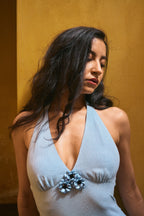 Robe Dos-Nu En Lin Mélangé Ornée De Fleurs – Bleu
