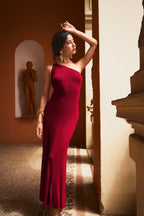 Backless Chain-Strap Knit Dress – Red