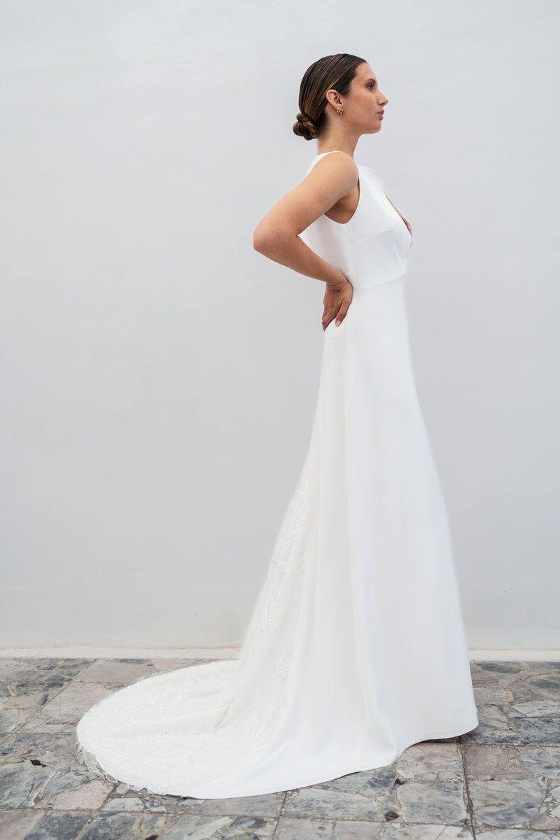 Vestido de novia de ópalo con cinturón pequeño - Blanco seda