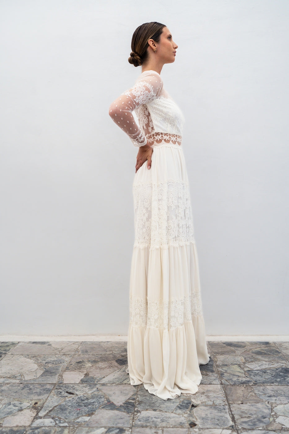 Abito Da Sposa Folk Con Volant - Bianco Seta