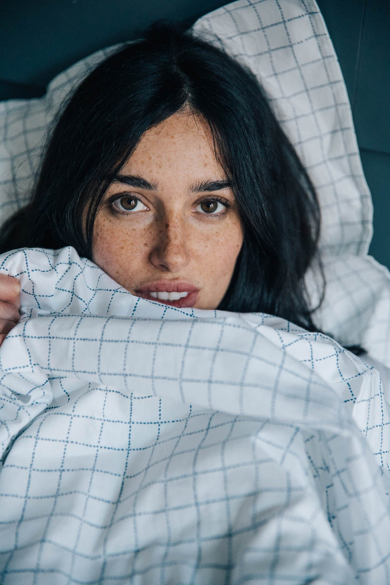 Housse de couette percale de coton carreaux bleus Les pensionnaires