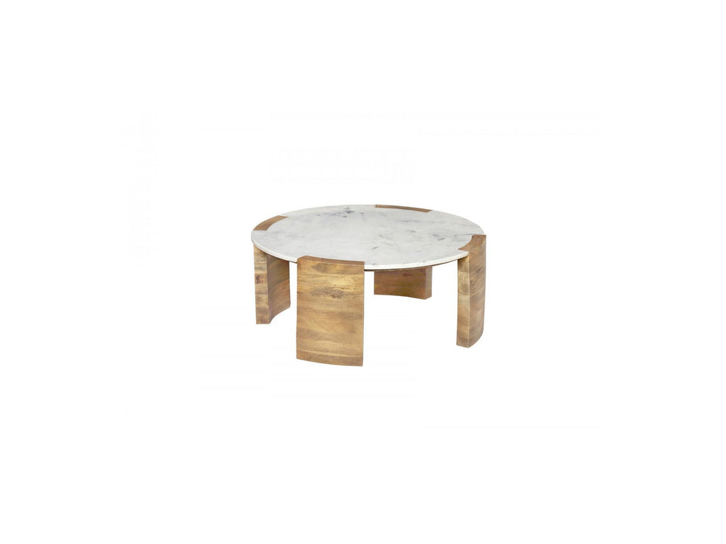 Mesa de centro redonda - Torvi - Tablero de mármol y patas de madera maciza de mango claro