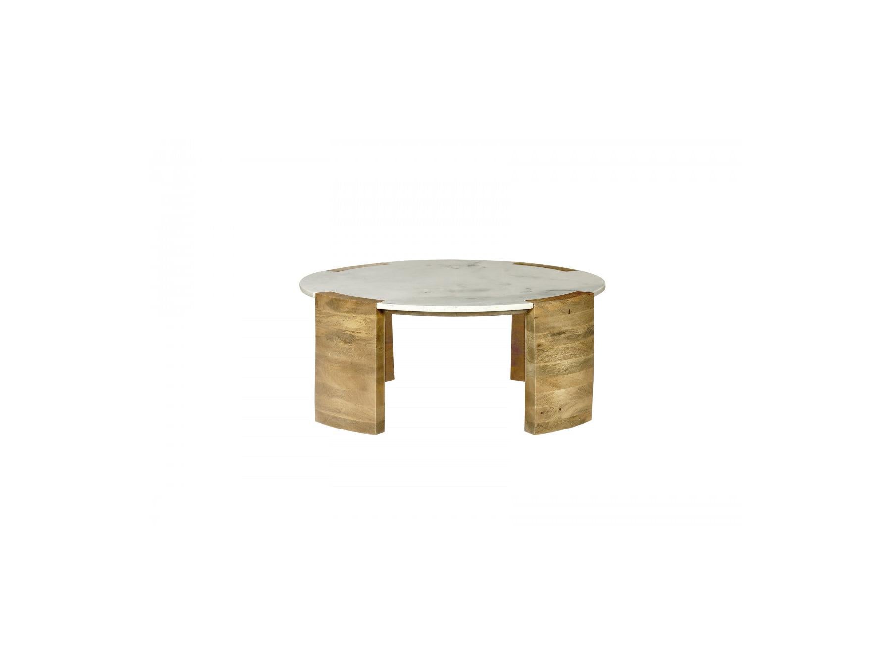 Mesa de centro redonda - Torvi - Tablero de mármol y patas de madera maciza de mango claro