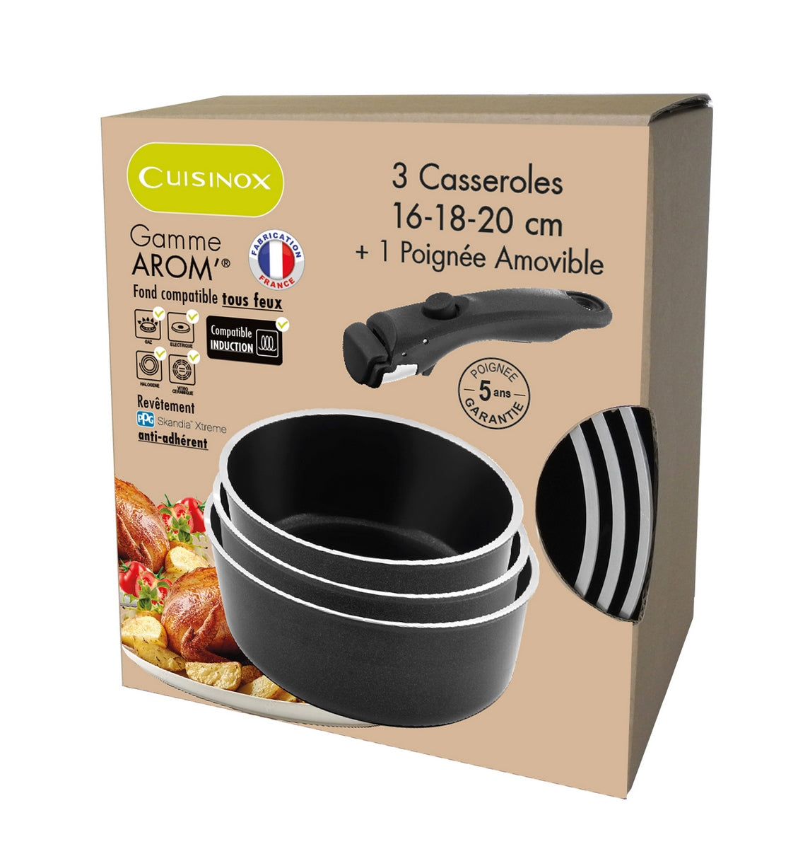 Arom - 3 Casseroles 16/18/20cm + 1 Poignée
